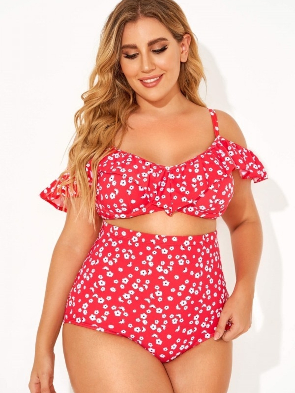 *SALE 2/$20* Red Floral High-Waist Ruffle Bikini Top and Bottom Set Size L